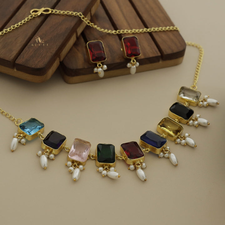 Litzy Glossy Rectangle Pearl Short Neckpiece/Choker With Earring