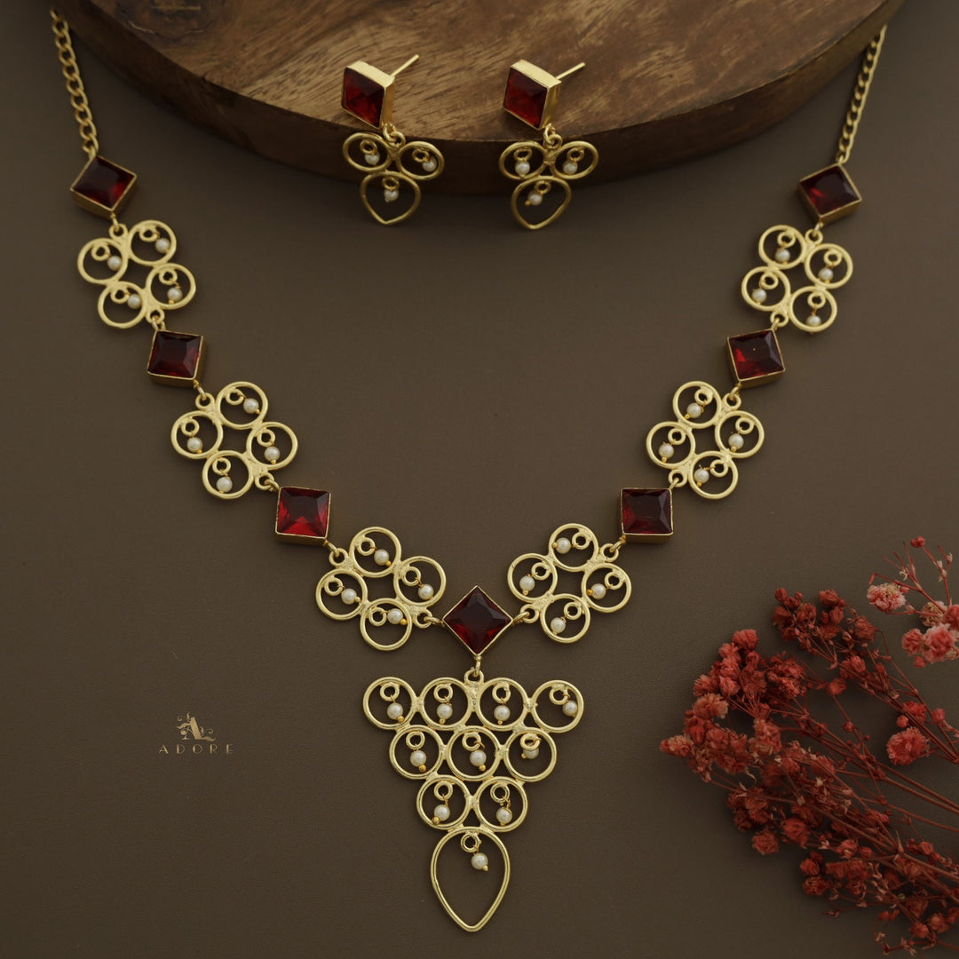 Cressida Diamond Glossy Pearl Triangle Neckpiece With Earring