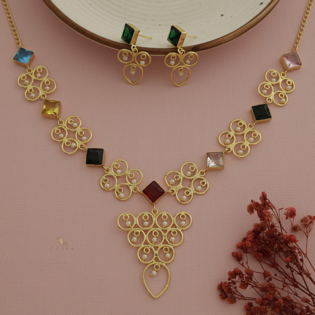Cressida Diamond Glossy Pearl Triangle Neckpiece With Earring