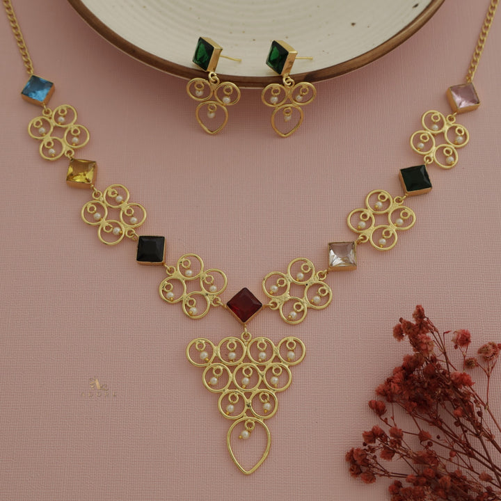 Cressida Diamond Glossy Pearl Triangle Neckpiece With Earring