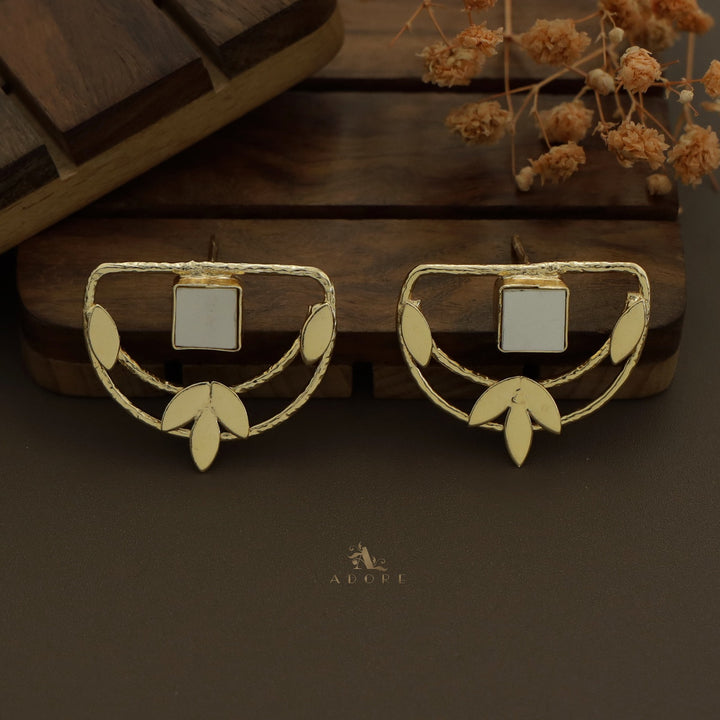 MOP Textured Half Circle Square Leafy Earring