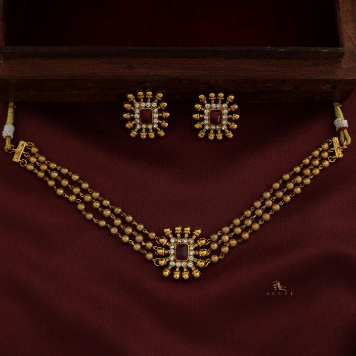 Chathurmukhi 3 Layer Golden Ball Choker With Earring