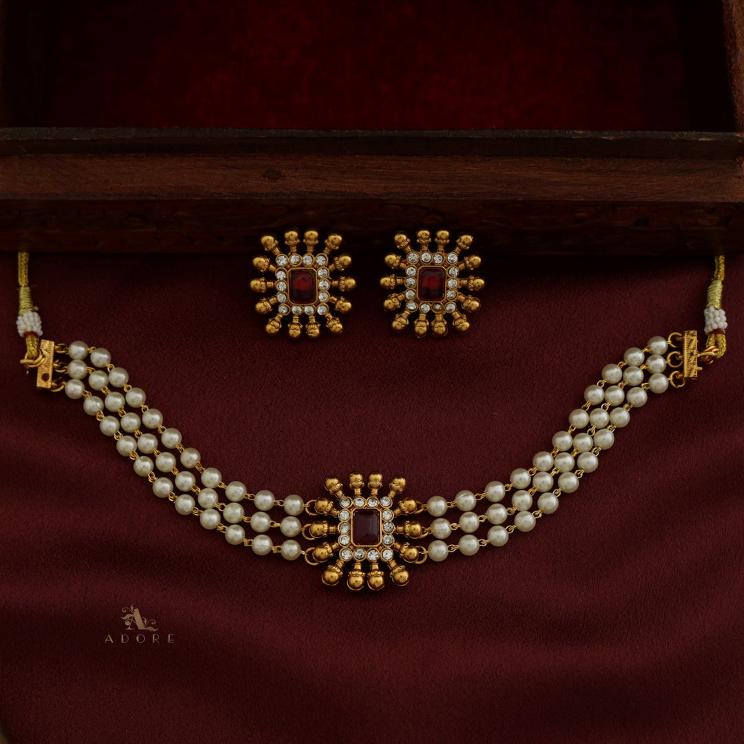 Chathurmukhi 3 Layer White Pearl Choker With Earring