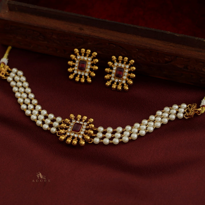 Chathurmukhi 3 Layer White Pearl Choker With Earring