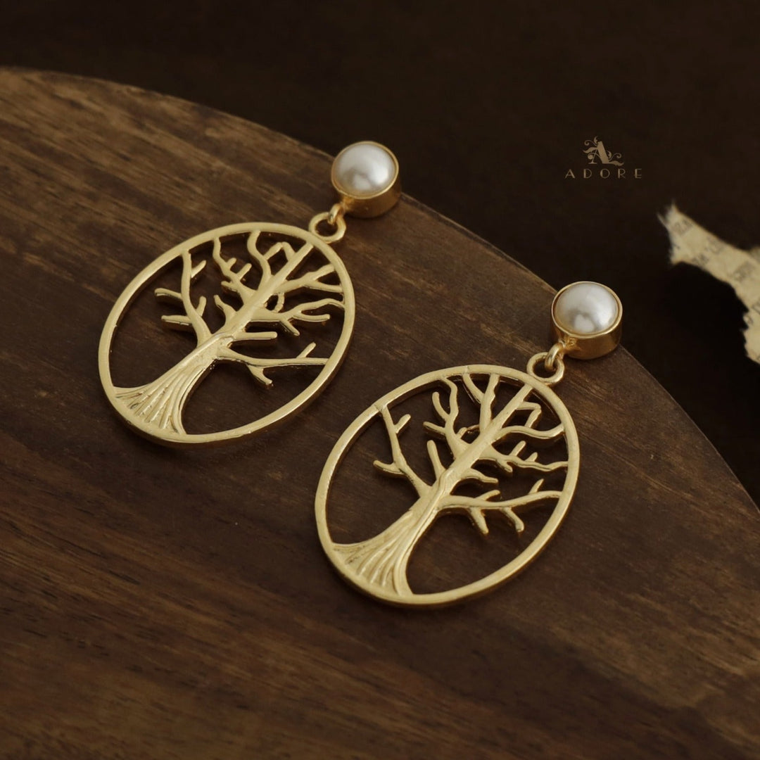 Golden Oval Tree Pearl Earring
