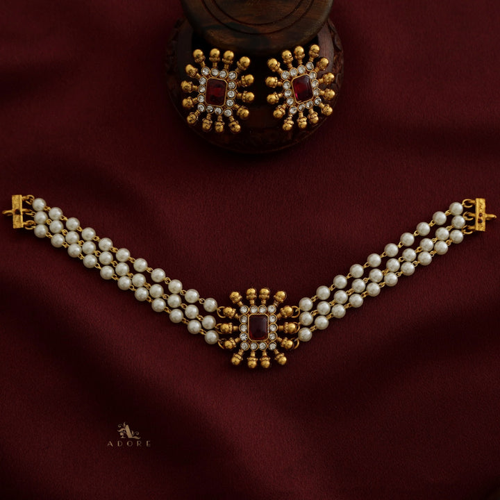 Chathurmukhi 3 Layer White Pearl Choker With Earring