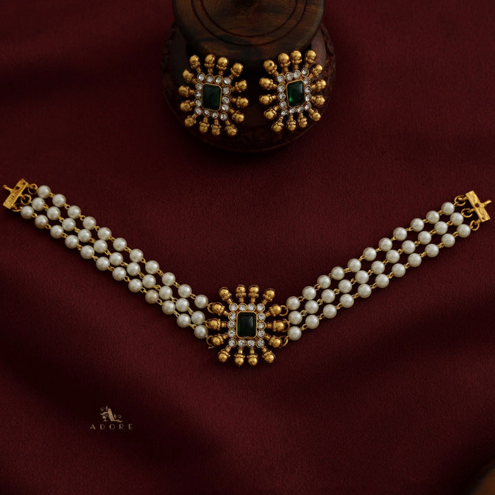 Chathurmukhi 3 Layer White Pearl Choker With Earring