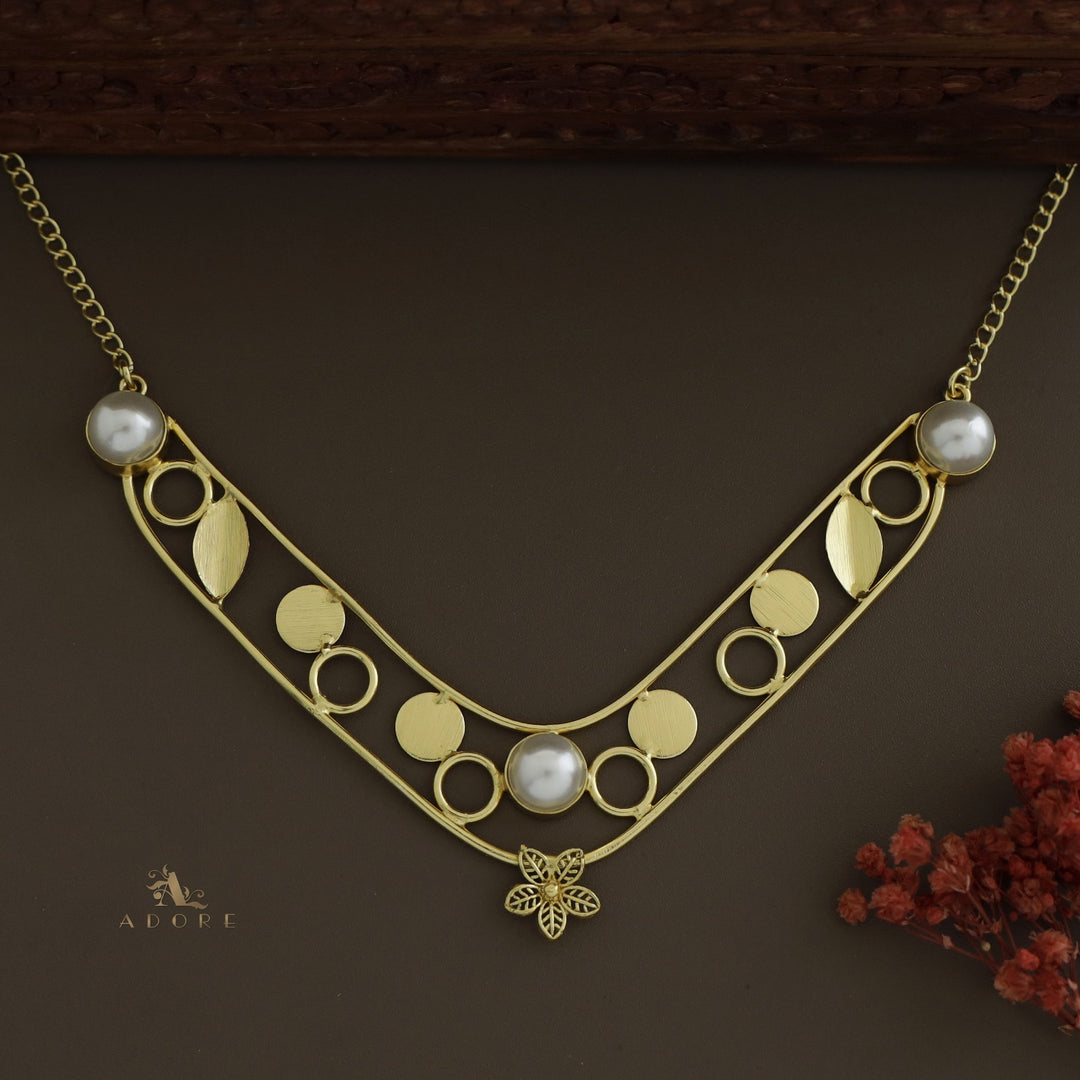 Golden V Shape leafy + Circle Tri Pearl Neckpiece