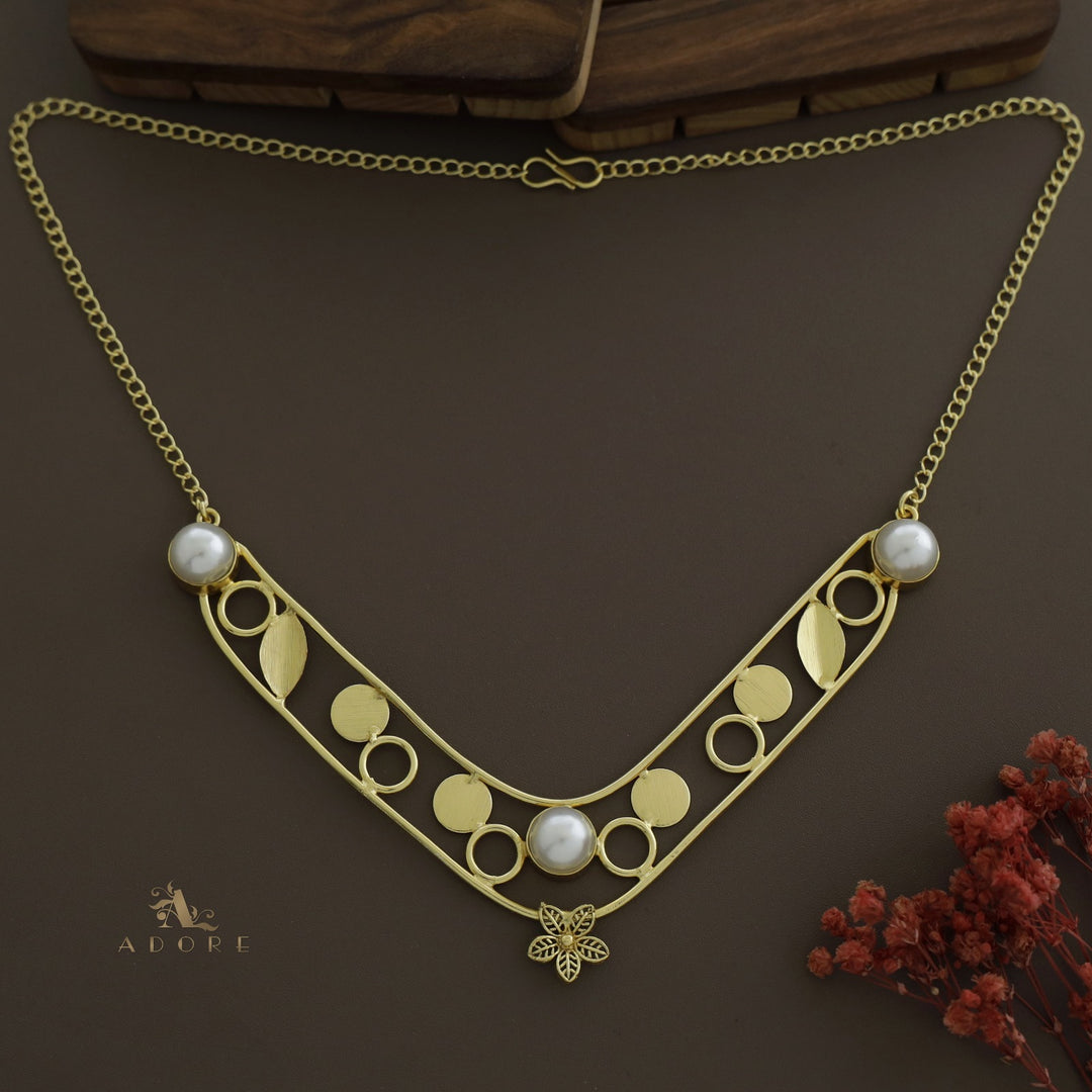 Golden V Shape leafy + Circle Tri Pearl Neckpiece