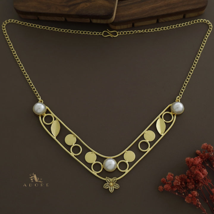 Golden V Shape leafy + Circle Tri Pearl Neckpiece
