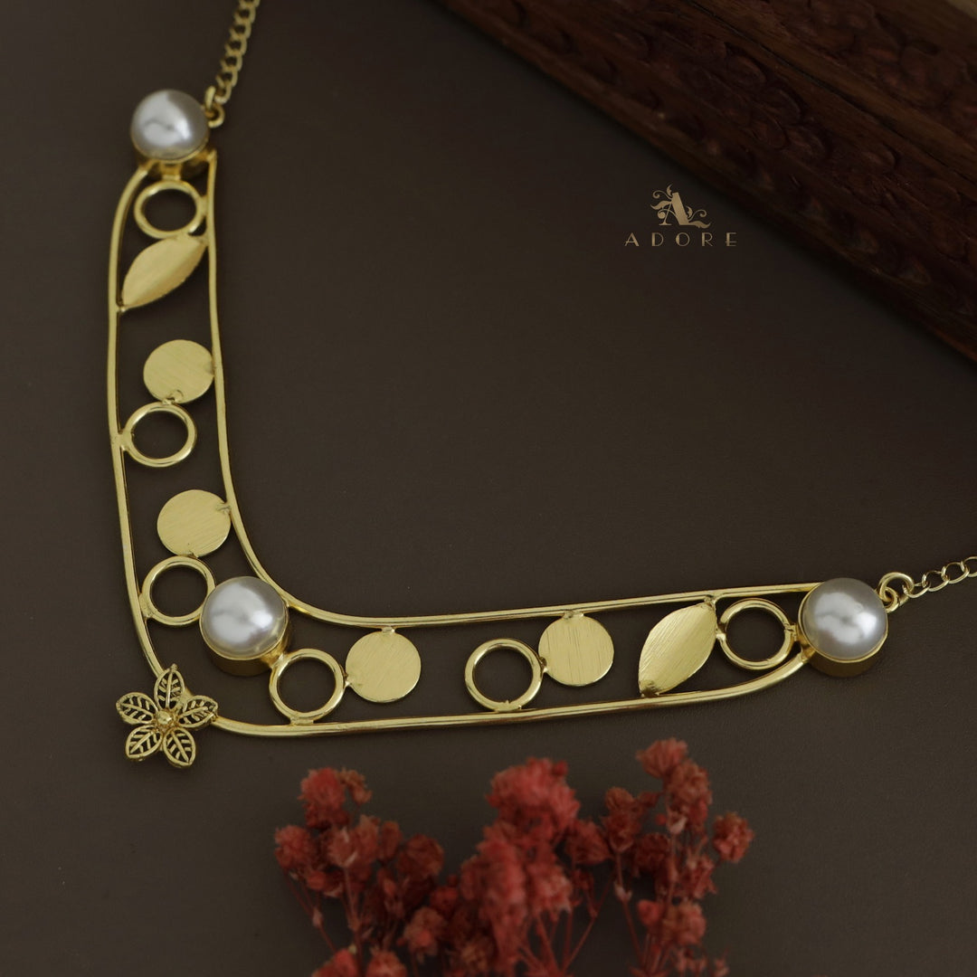 Golden V Shape leafy + Circle Tri Pearl Neckpiece