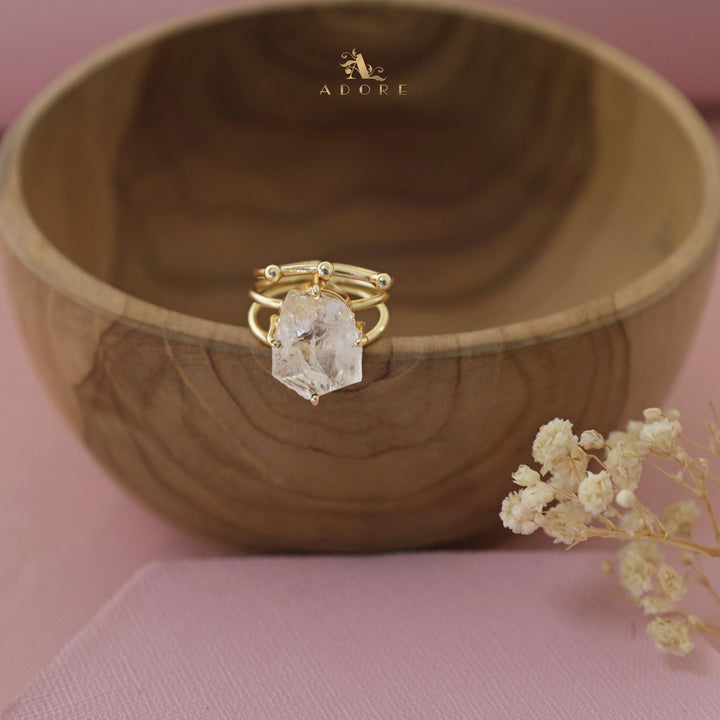 Raw Stone Hexa 3 Layer Golden Ring