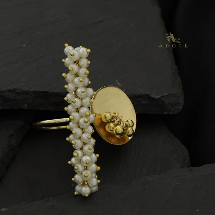 Cluster Pearl Line And Golden Ghungroo Ring