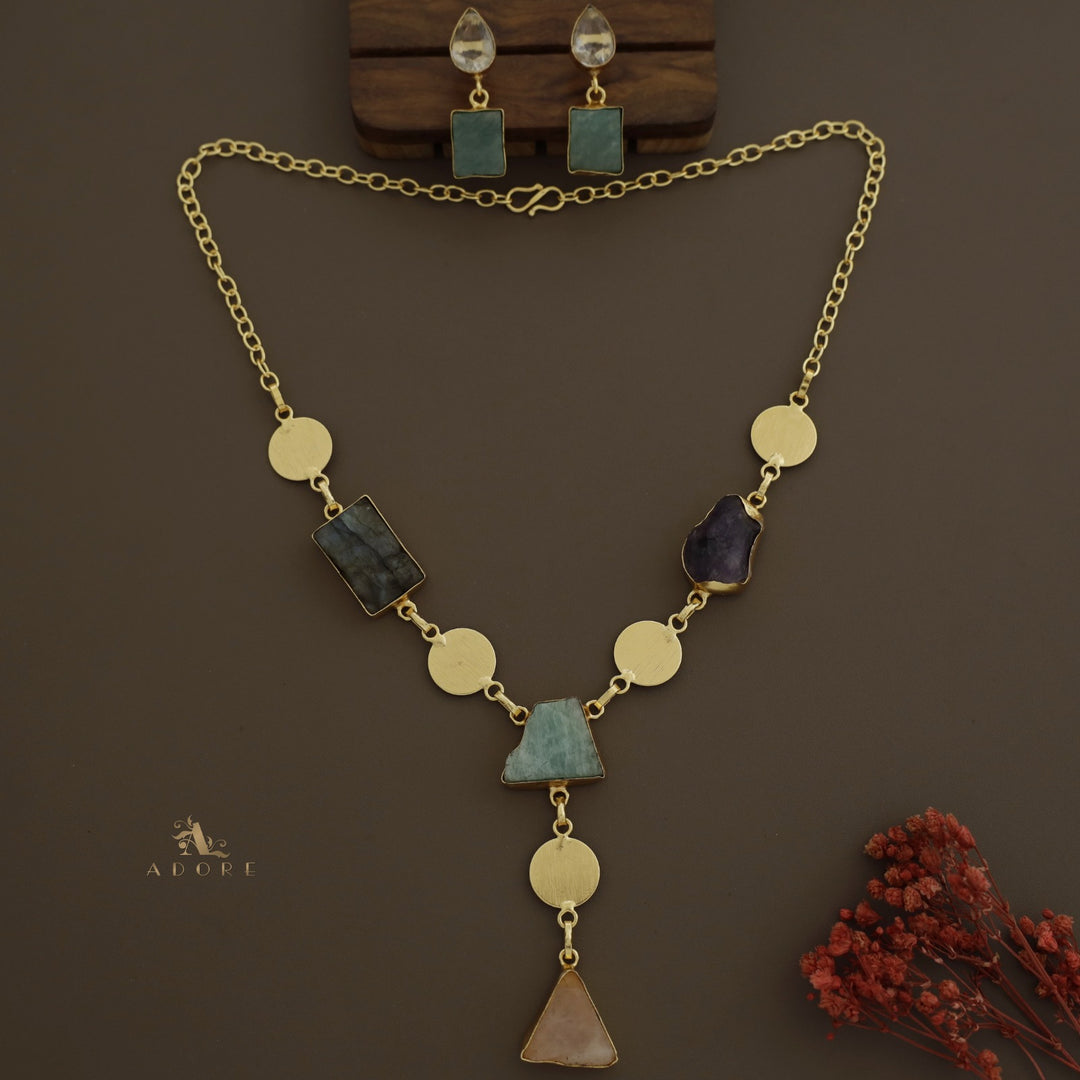Golden Coin Raw Stone + Glossy Neckpiece With Earring
