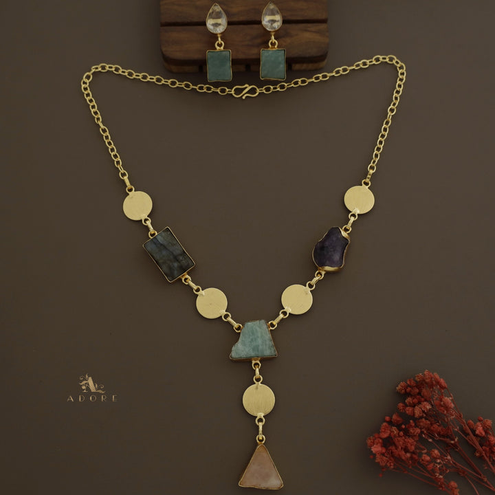 Golden Coin Raw Stone + Glossy Neckpiece With Earring