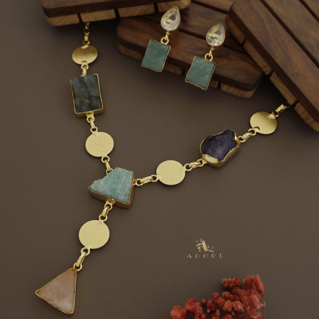 Golden Coin Raw Stone + Glossy Neckpiece With Earring