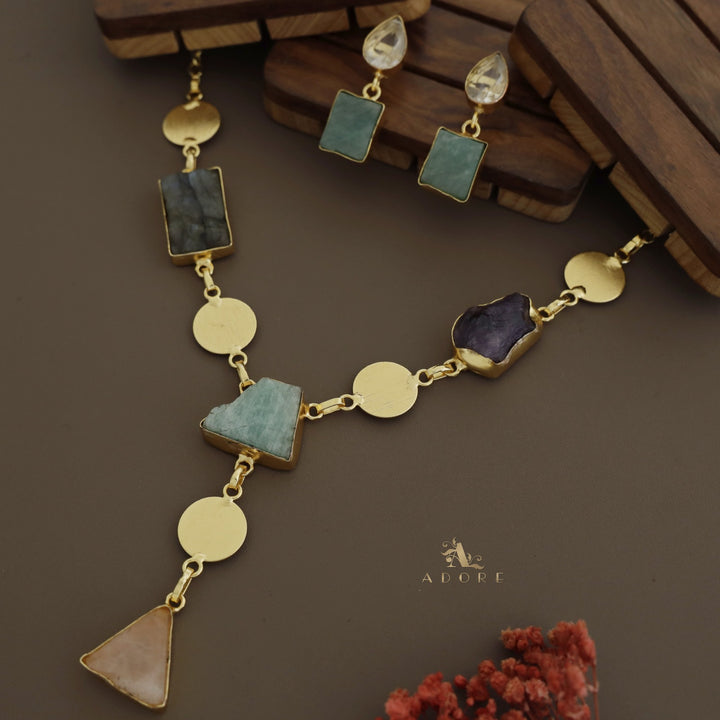 Golden Coin Raw Stone + Glossy Neckpiece With Earring