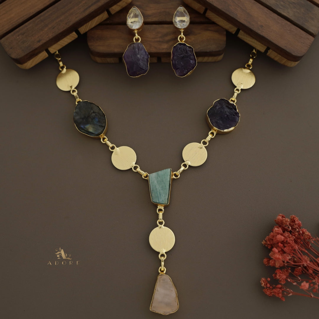 Golden Coin Raw Stone + Glossy Neckpiece With Earring