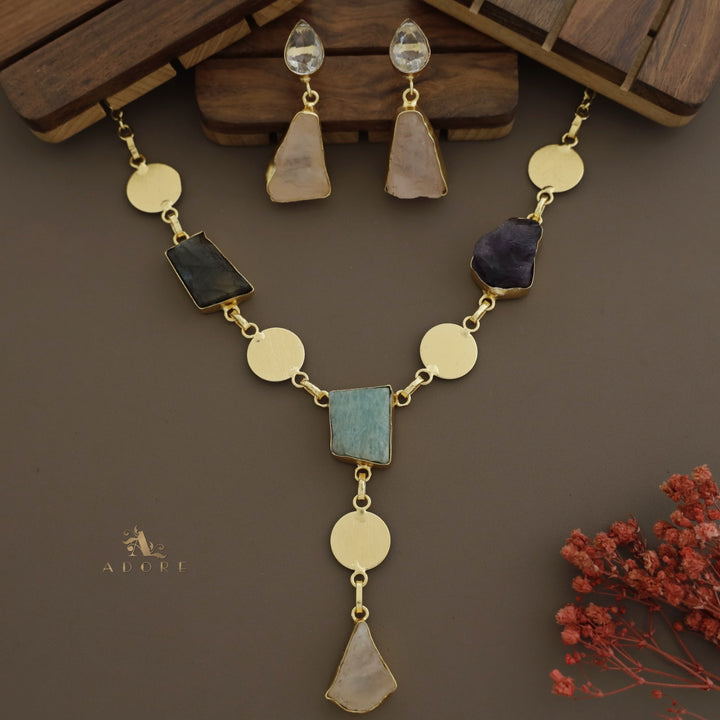 Golden Coin Raw Stone + Glossy Neckpiece With Earring