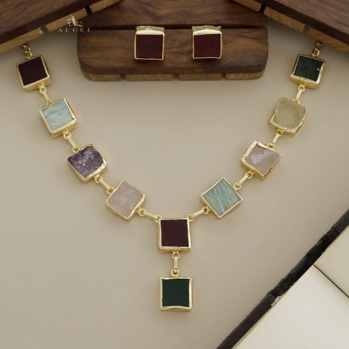 Velora Square Raw Stone Neckpiece With Stud