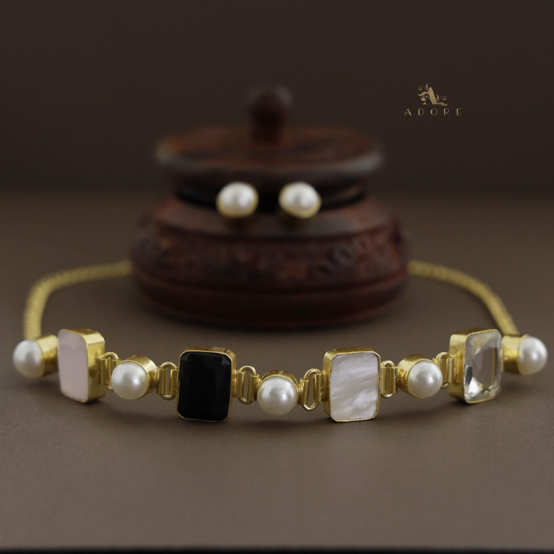 Hima Glossy Rectangle Pearl Choker With Pearl Stud