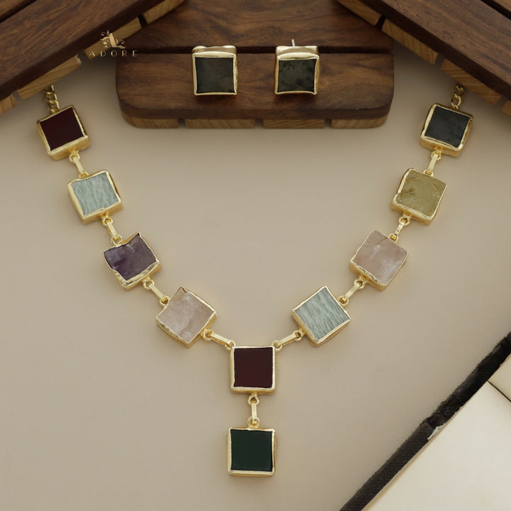 Velora Square Raw Stone Neckpiece With Stud