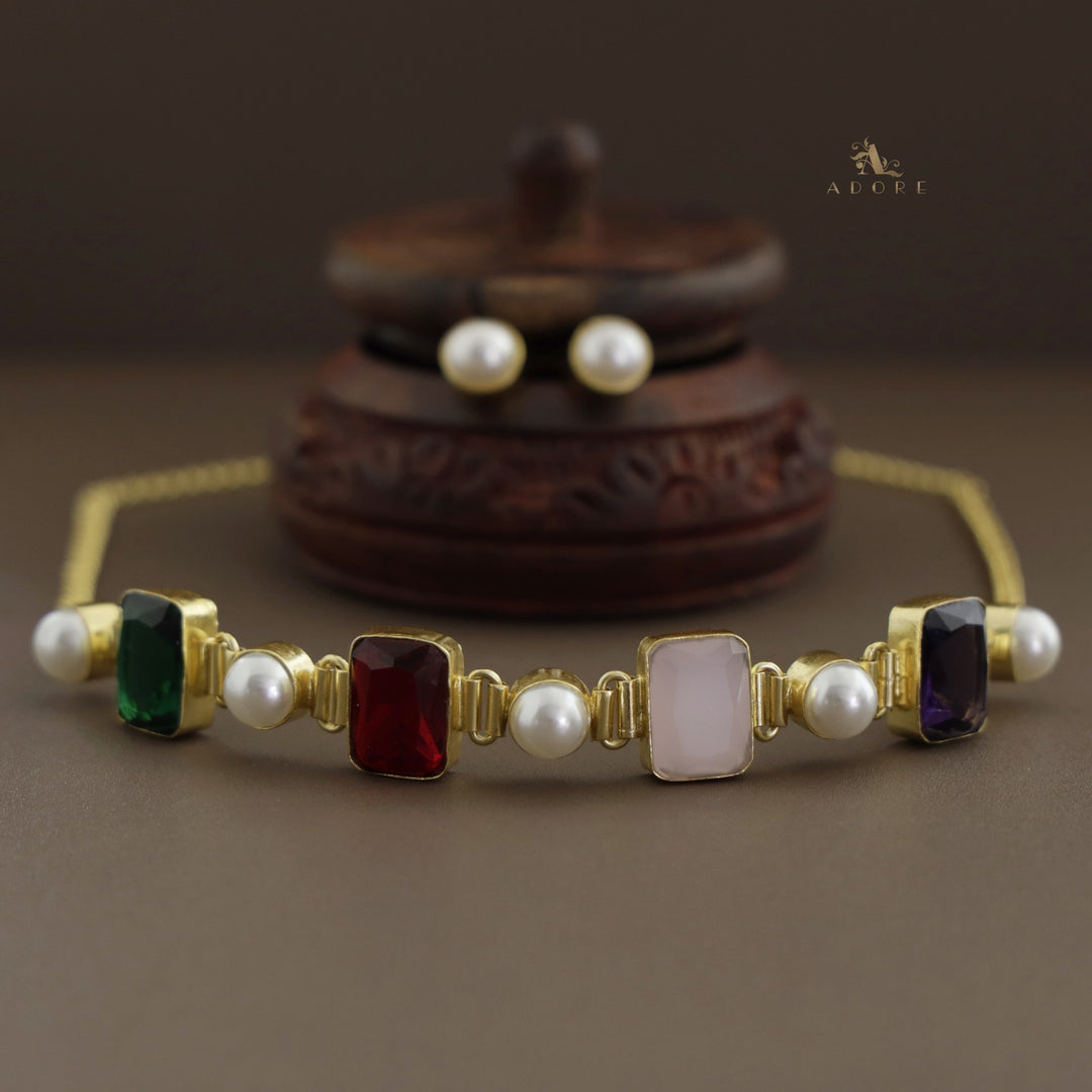 Hima Glossy Rectangle Pearl Choker With Pearl Stud