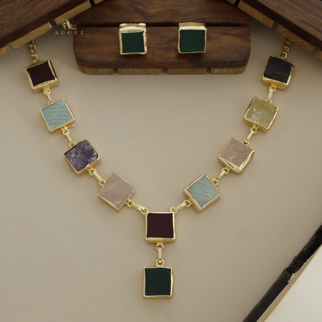 Velora Square Raw Stone Neckpiece With Stud