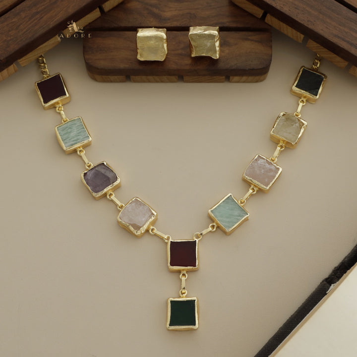 Velora Square Raw Stone Neckpiece With Stud