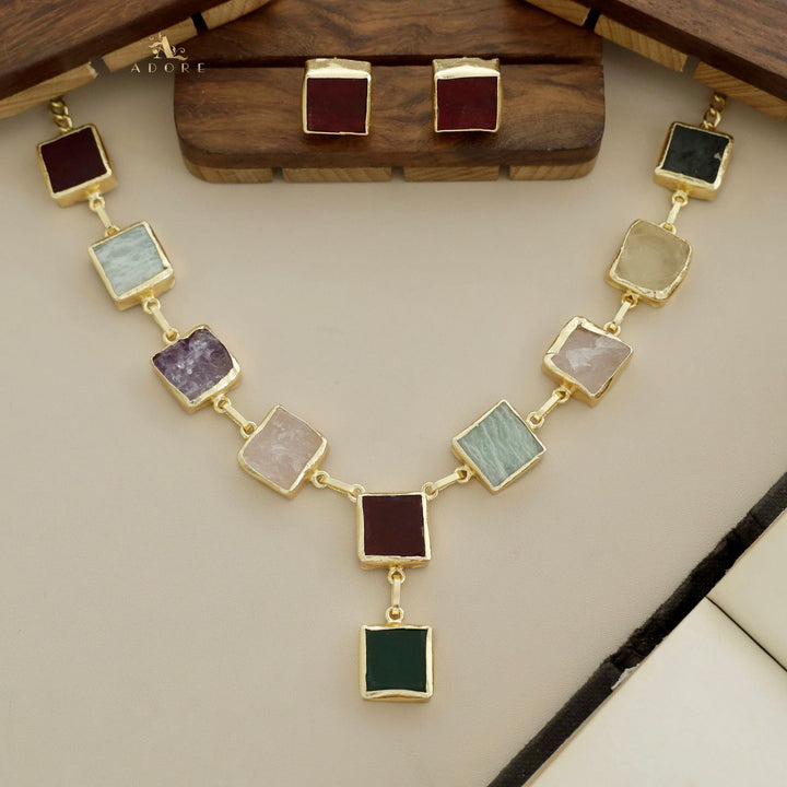 Velora Square Raw Stone Neckpiece With Stud