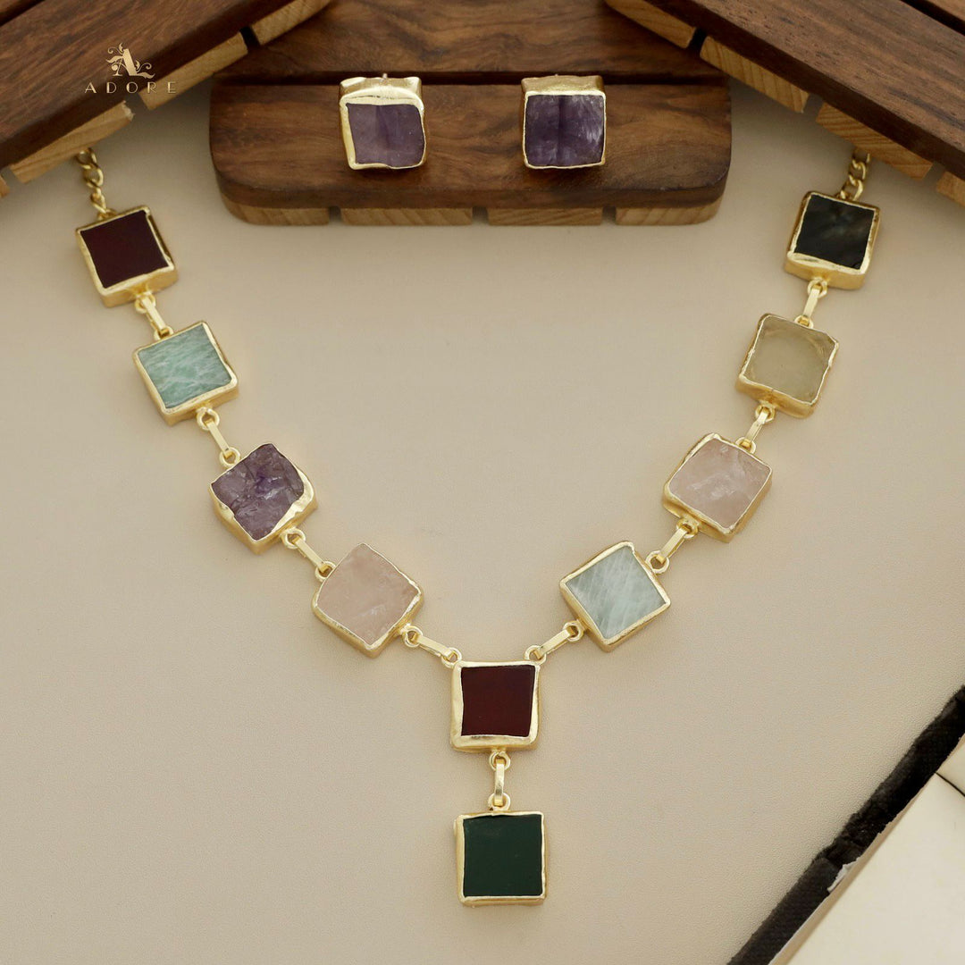 Velora Square Raw Stone Neckpiece With Stud