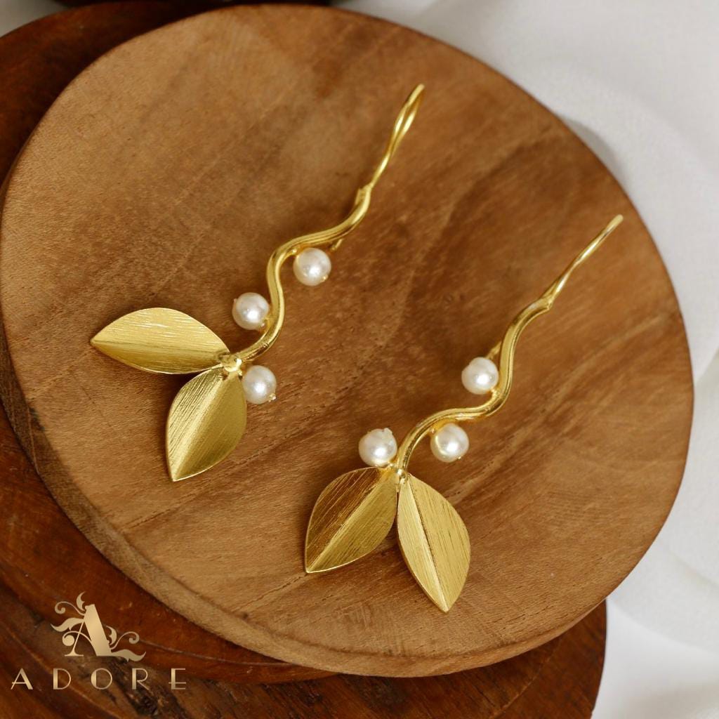 Gold 2 Leaf Branch Pearl Earring