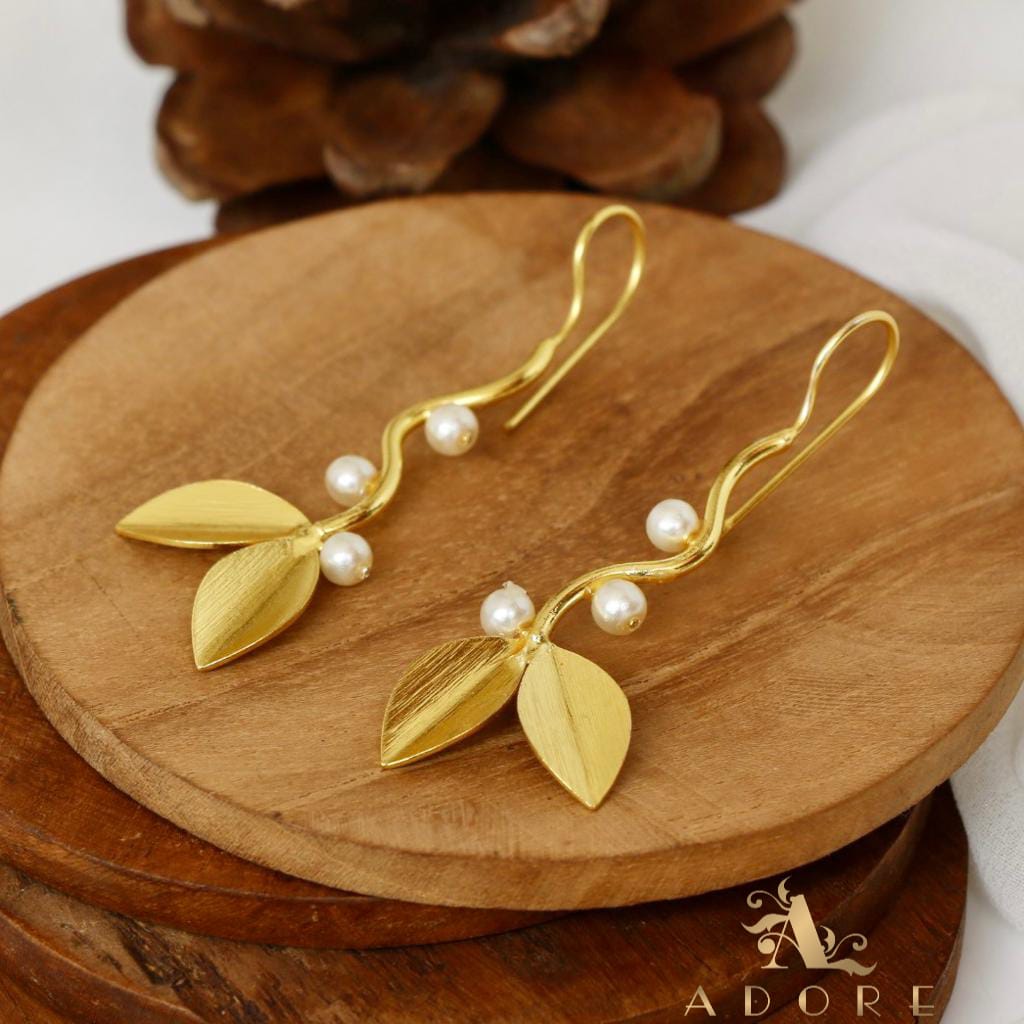 Gold 2 Leaf Branch Pearl Earring