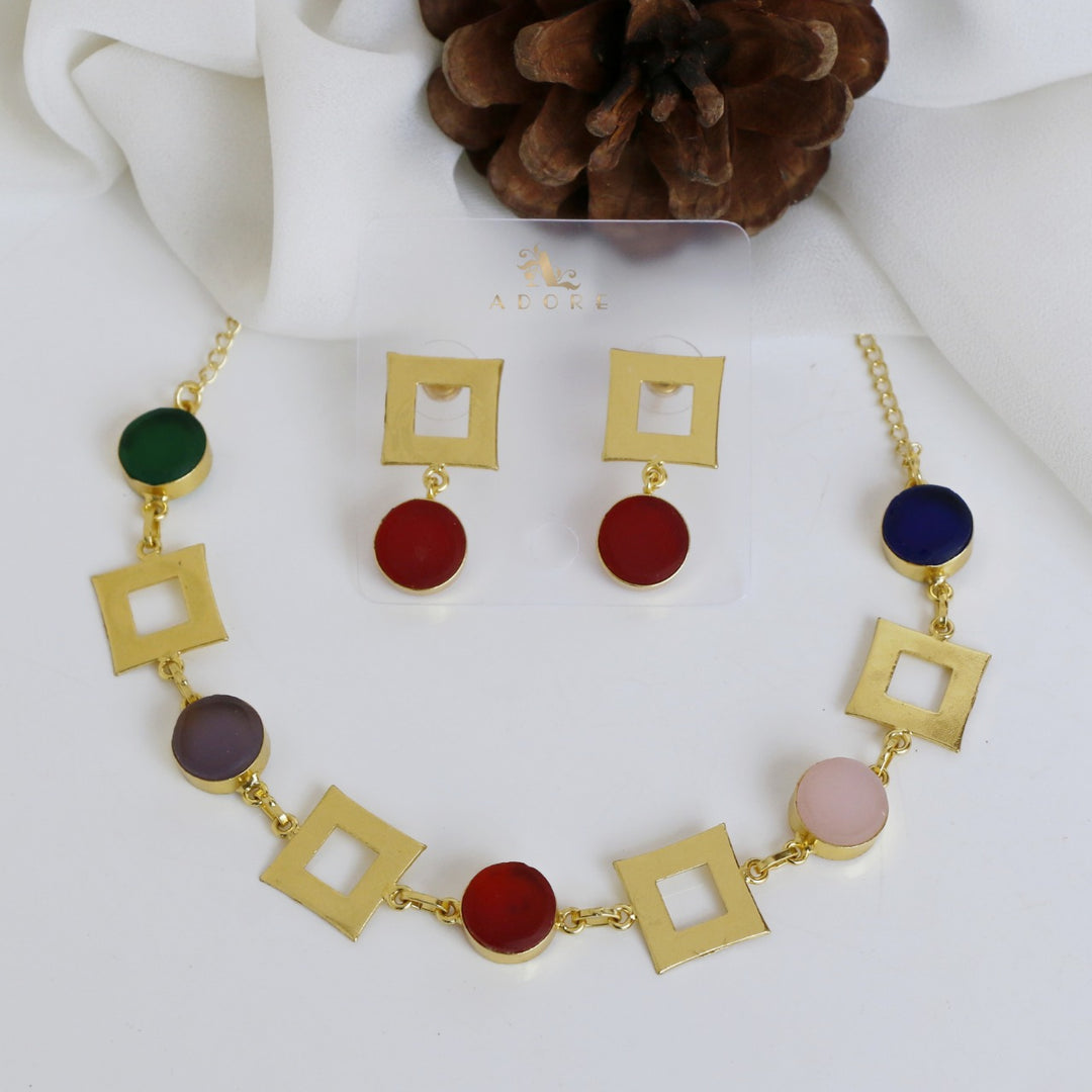Multicolour Golden Raw Stone 4 Square Neckpiece With Earring