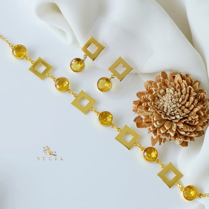 Golden Glossy 4 Square Neckpiece With Earring