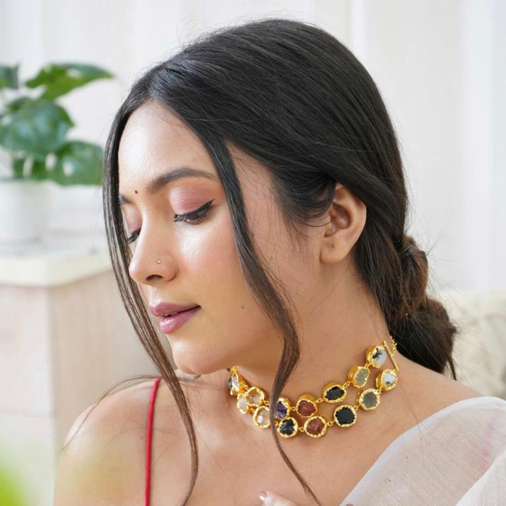 Mridula Golden Twin Layer Raw Stone Choker