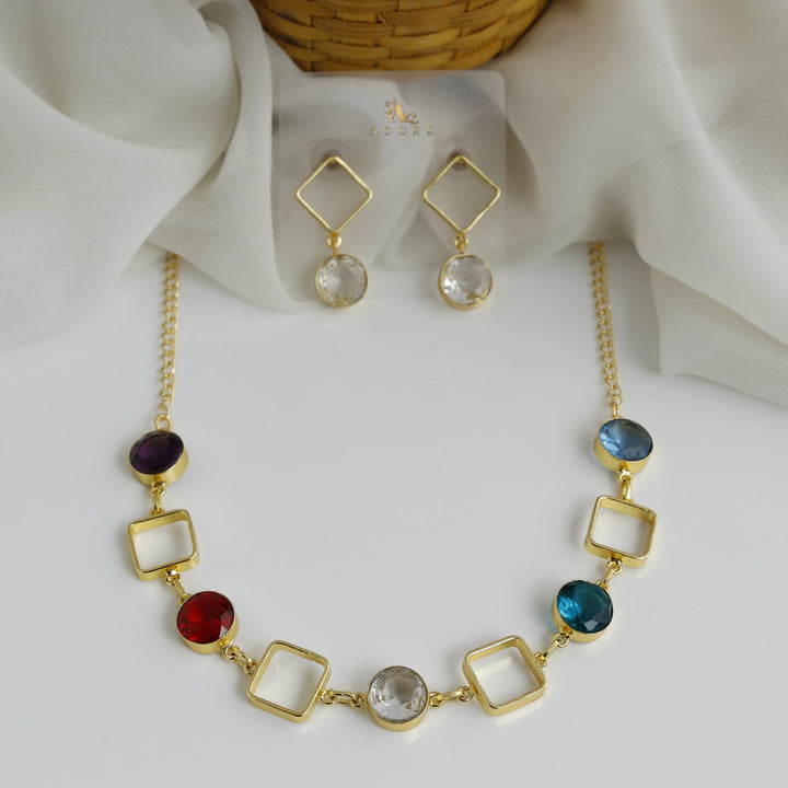 Multicolour Glossy 4 Square Neckpiece With Earring
