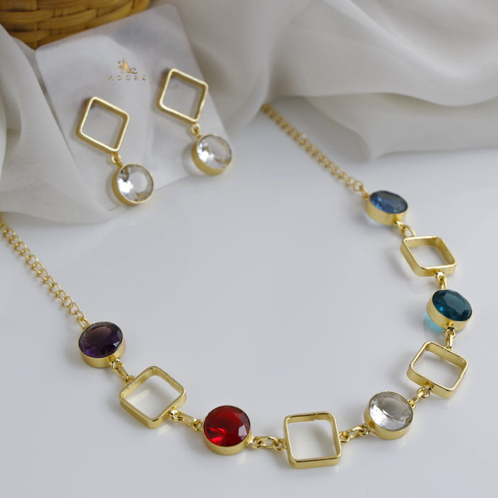 Multicolour Glossy 4 Square Neckpiece With Earring