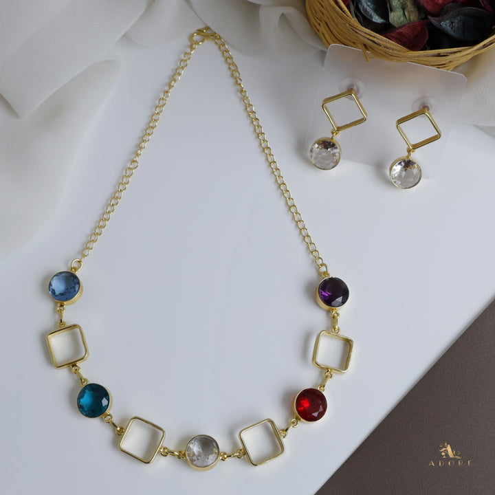 Multicolour Glossy 4 Square Neckpiece With Earring