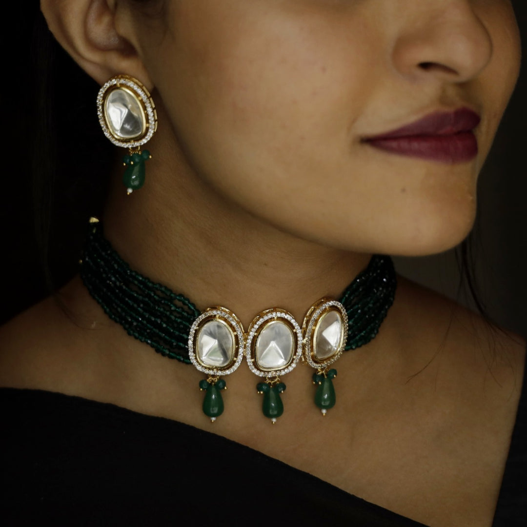 Onyx Beads Polki Kundan Choker With Earring