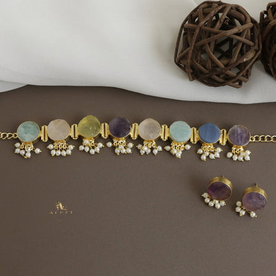 Multicolour Alessandra Raw Stone Pearl Choker With Stud