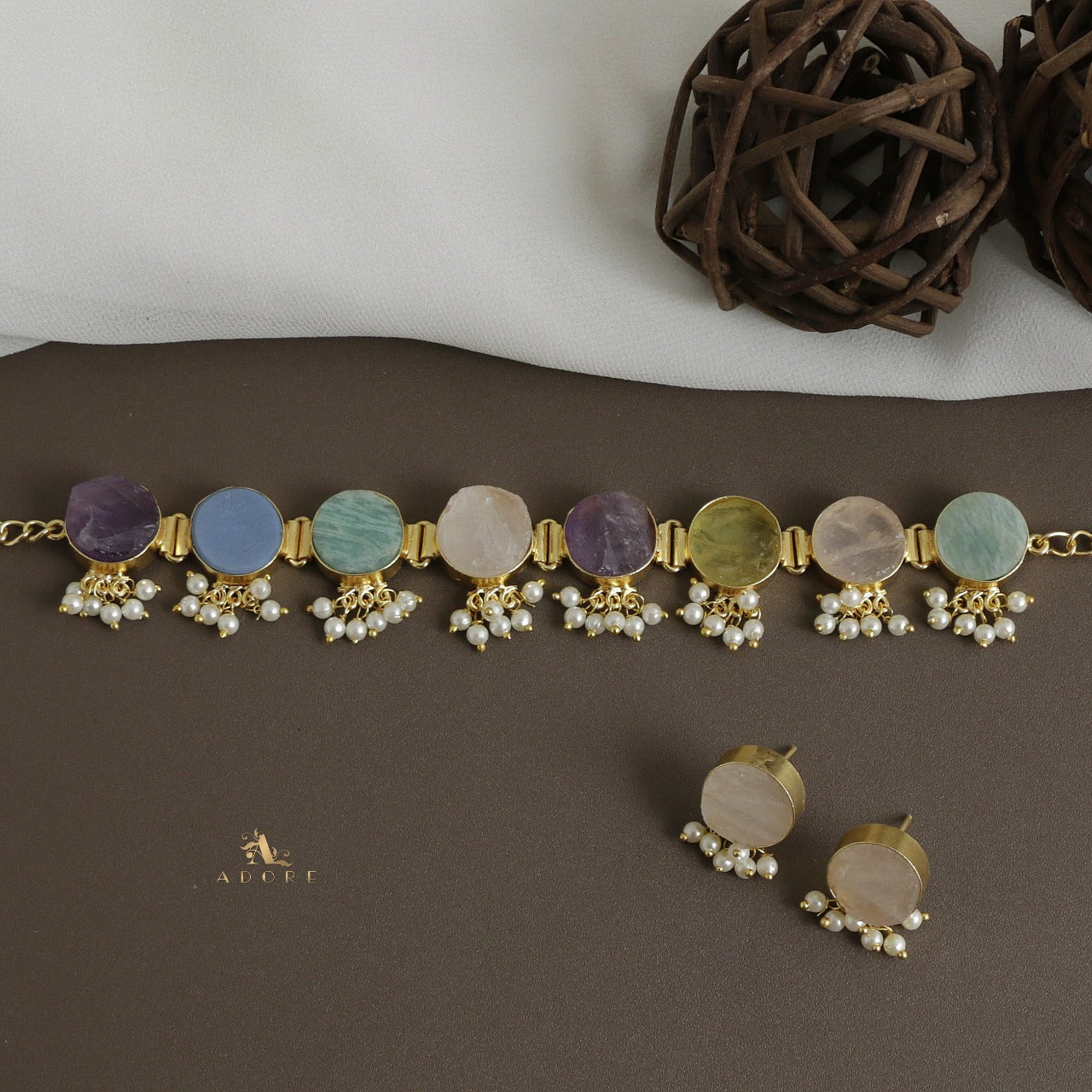 Multicolour Alessandra Raw Stone Pearl Choker With Stud