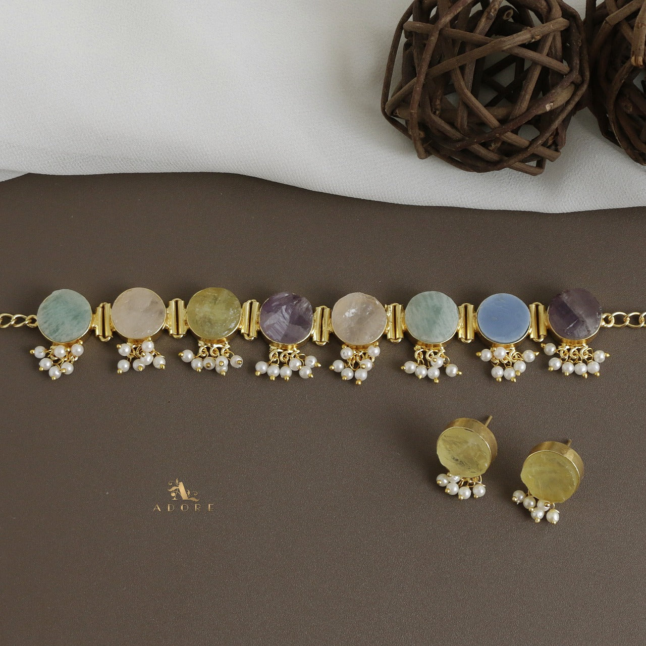 Multicolour Alessandra Raw Stone Pearl Choker With Stud