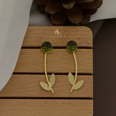 Melli Golden Leafy Stem Glossy Round Earring