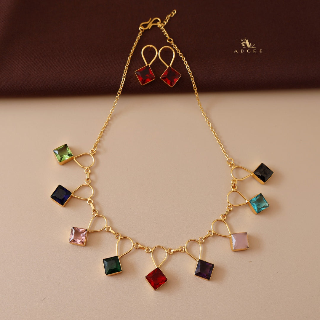 Adorn Diamond Drop Glossy Neckpiece With Earring