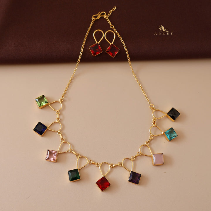 Adorn Diamond Drop Glossy Neckpiece With Earring