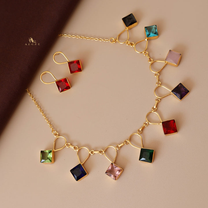 Adorn Diamond Drop Glossy Neckpiece With Earring
