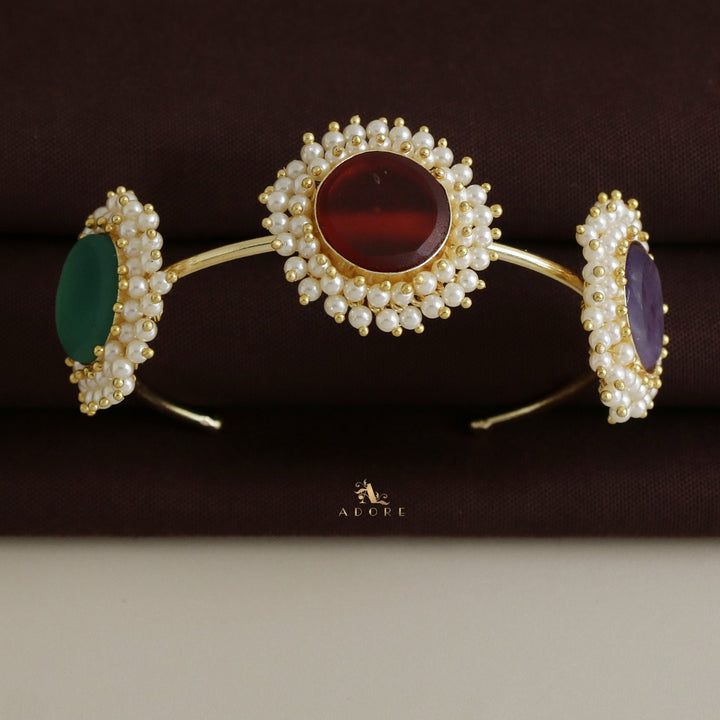Multicolour 3 Stone Raw Crystal Bangles with Pearls