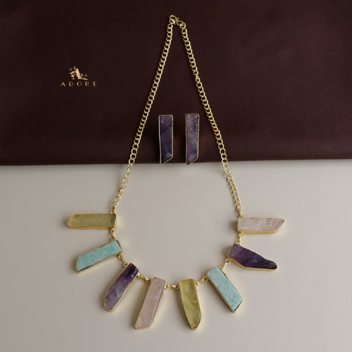 Multicolour Aanshi Raw Stone Neckpiece With Earring