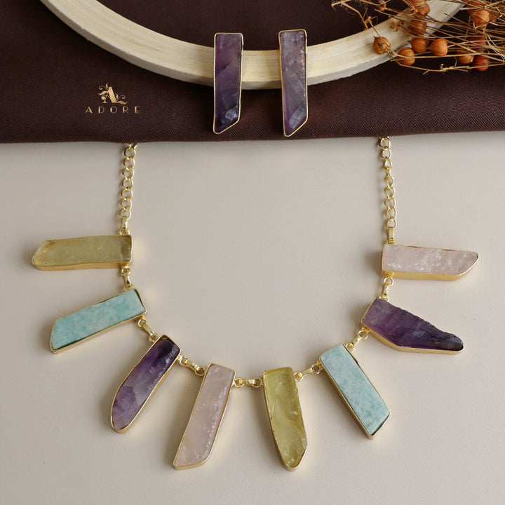 Multicolour Aanshi Raw Stone Neckpiece With Earring
